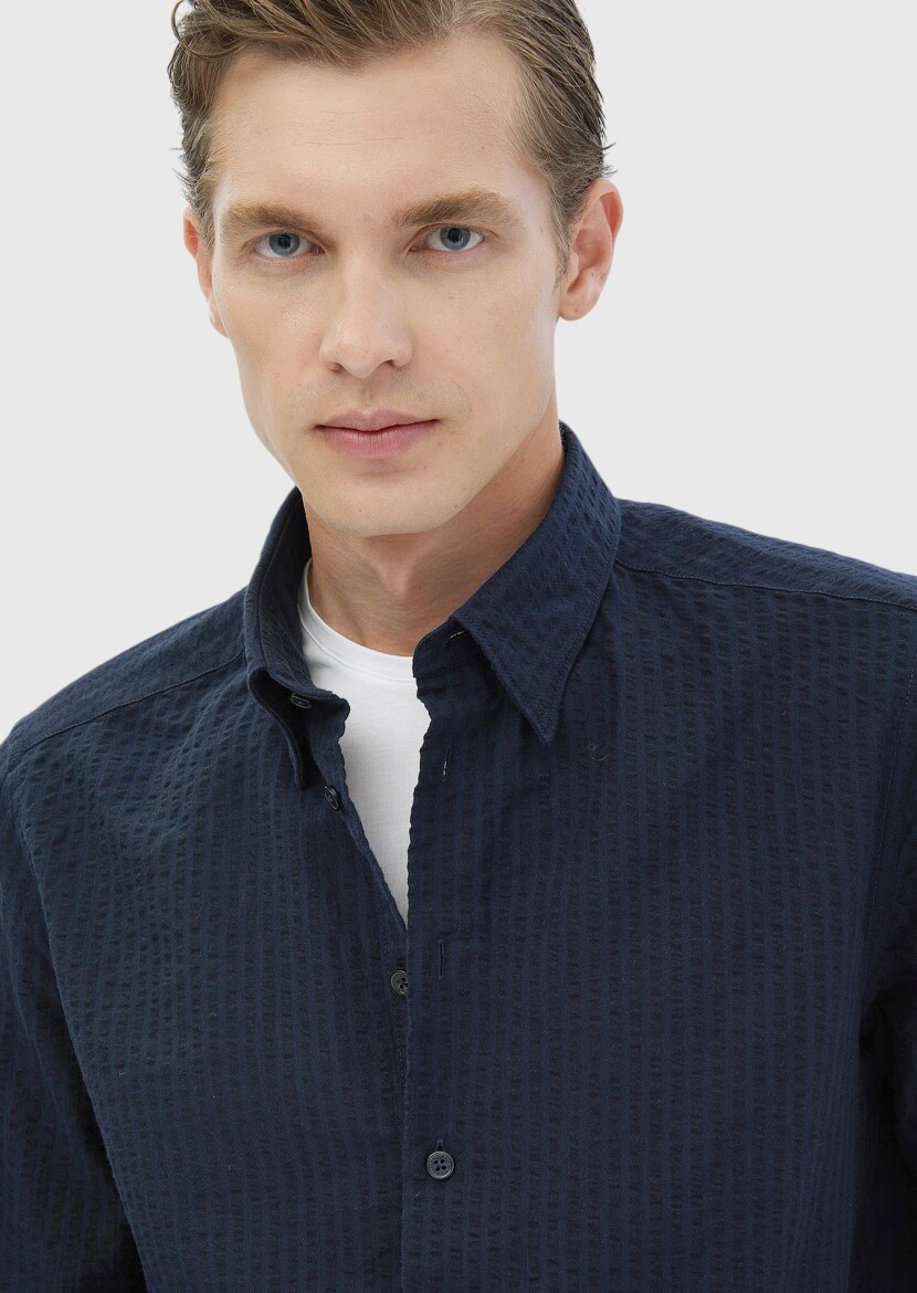 Navy Blue Striped Casual Fit Long Weaving Casual 100% Cotton Shirt - 4