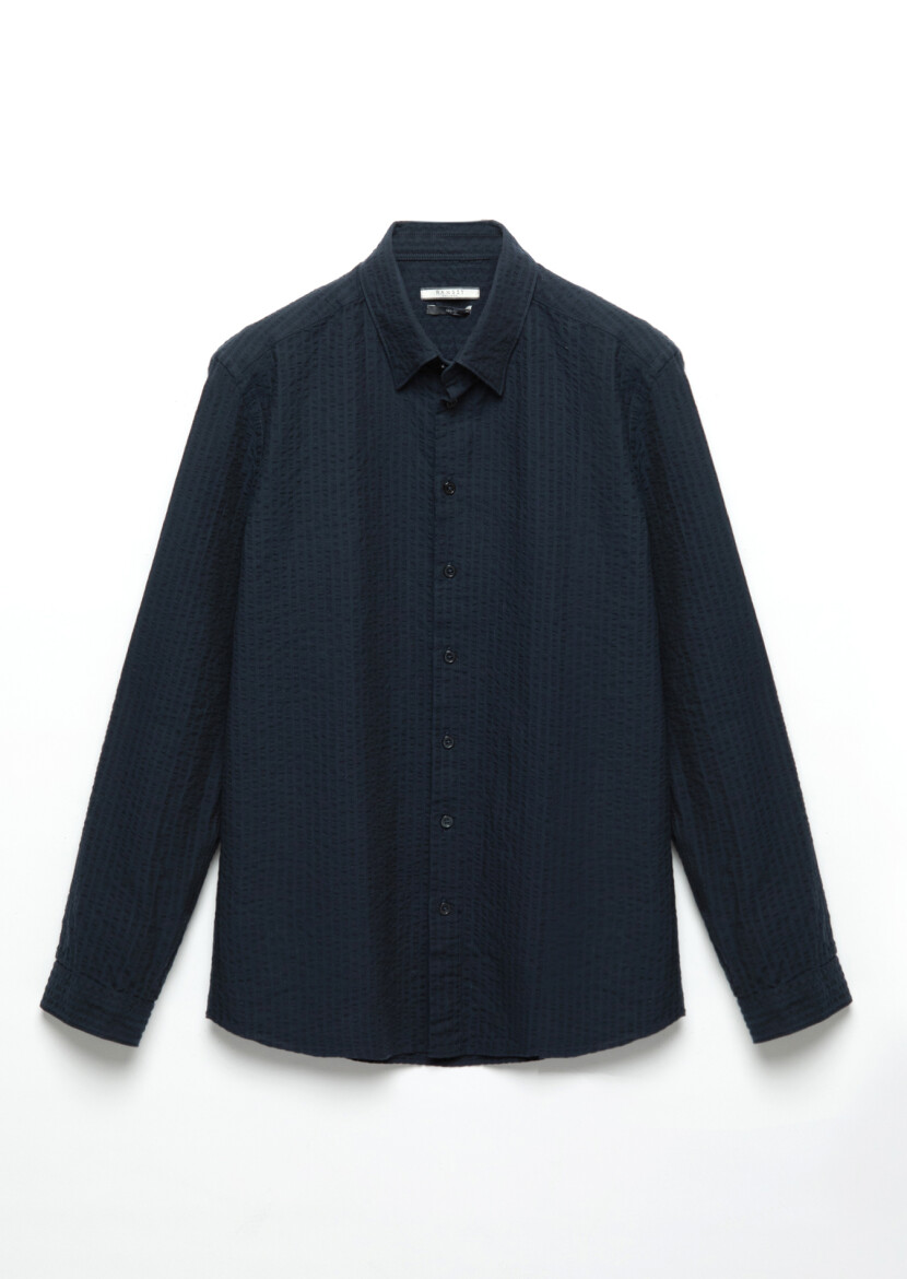 Navy Blue Striped Casual Fit Long Weaving Casual 100% Cotton Shirt - 7