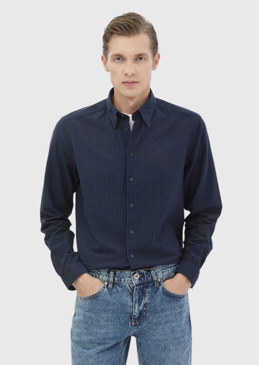 Navy Blue Striped Casual Fit Weaving Casual 100% Cotton Shirt - RAMSEY