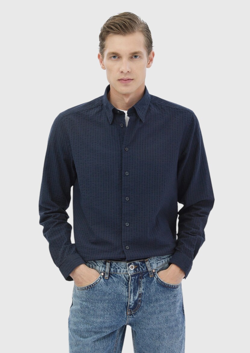 Navy Blue Striped Casual Fit Weaving Casual 100% Cotton Shirt - 1