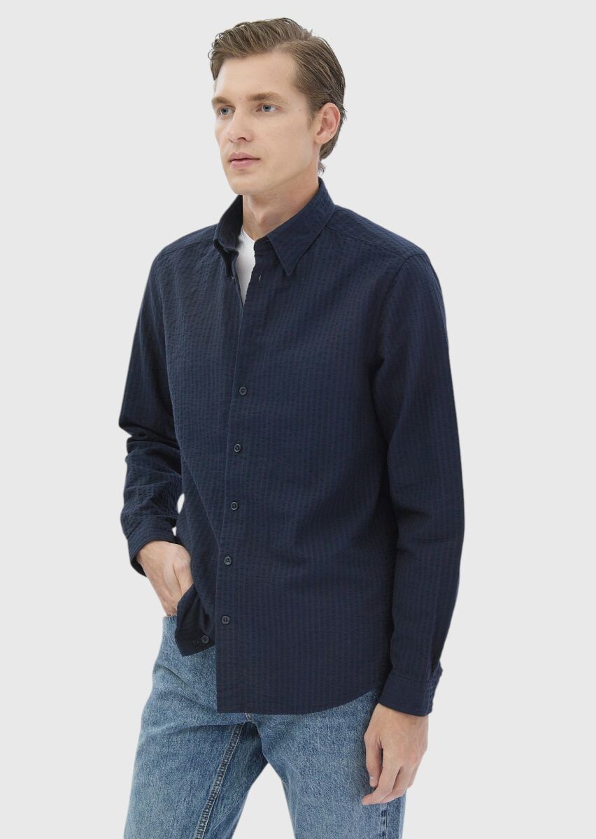 Navy Blue Striped Casual Fit Weaving Casual 100% Cotton Shirt - 3