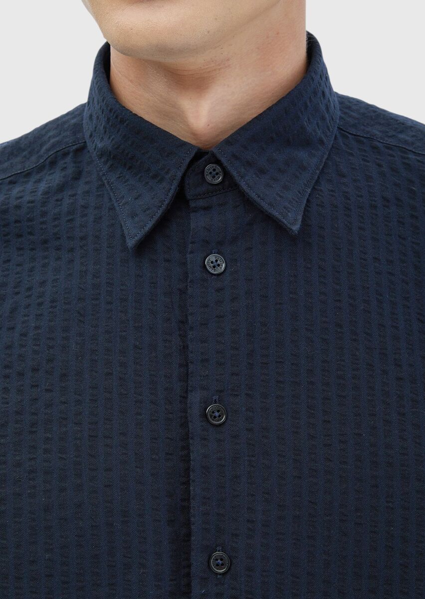 Navy Blue Striped Casual Fit Weaving Casual 100% Cotton Shirt - 5