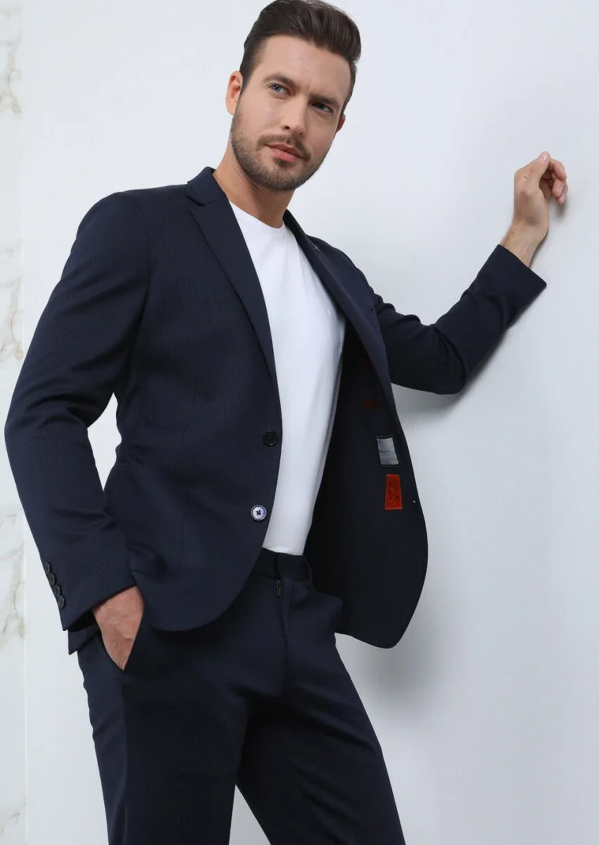 Navy Blue Striped Comfort Fit Cotton Blended Suit - 1