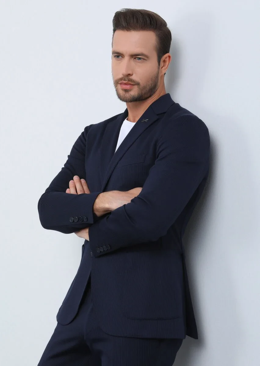Navy Blue Striped Comfort Fit Cotton Blended Suit - 2