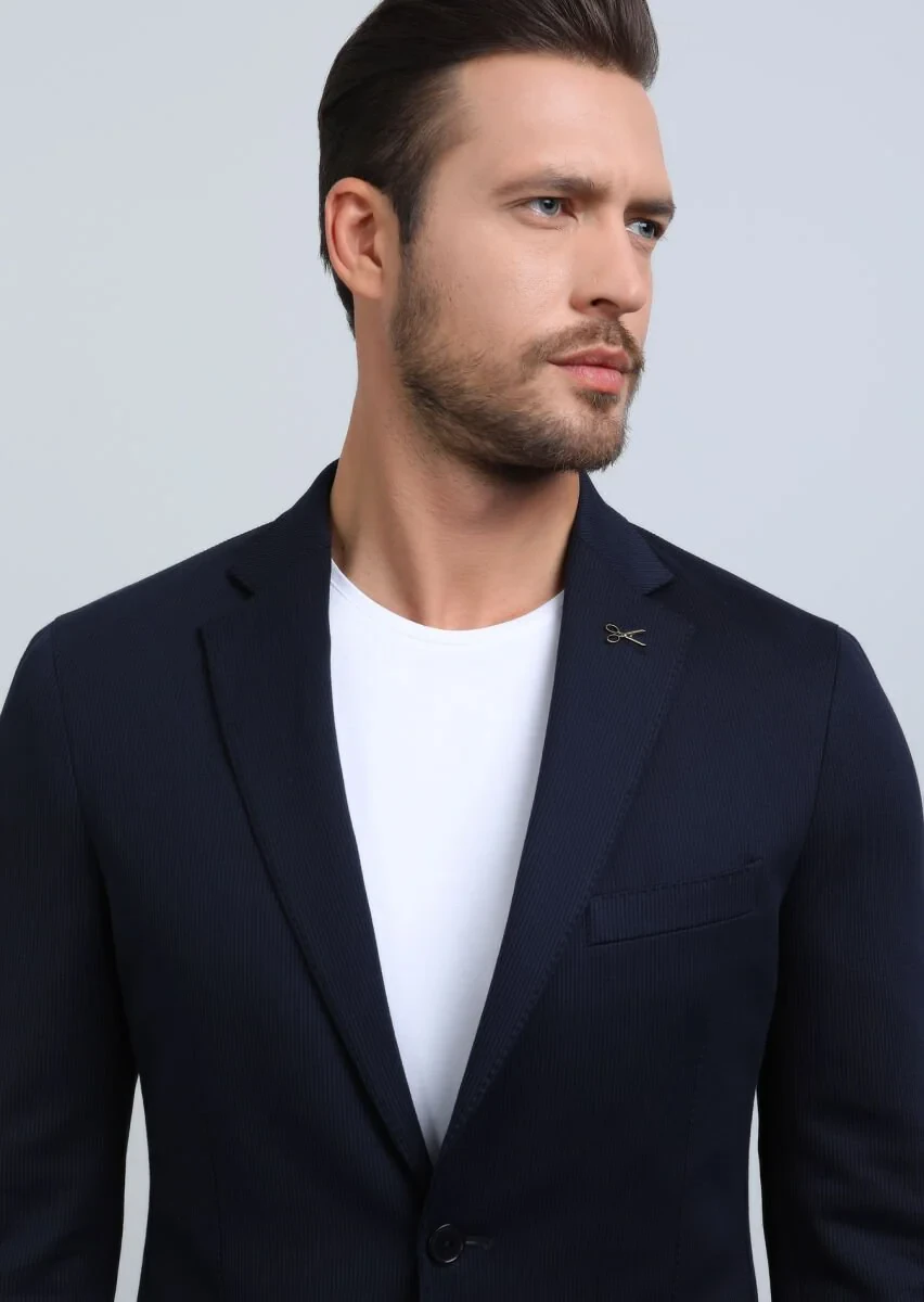 Navy Blue Striped Comfort Fit Cotton Blended Suit - 3