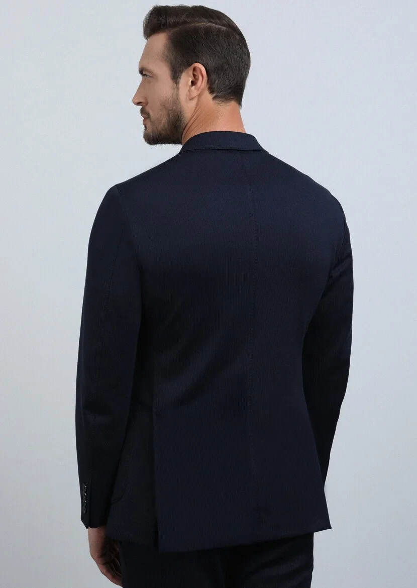 Navy Blue Striped Comfort Fit Cotton Blended Suit - 5