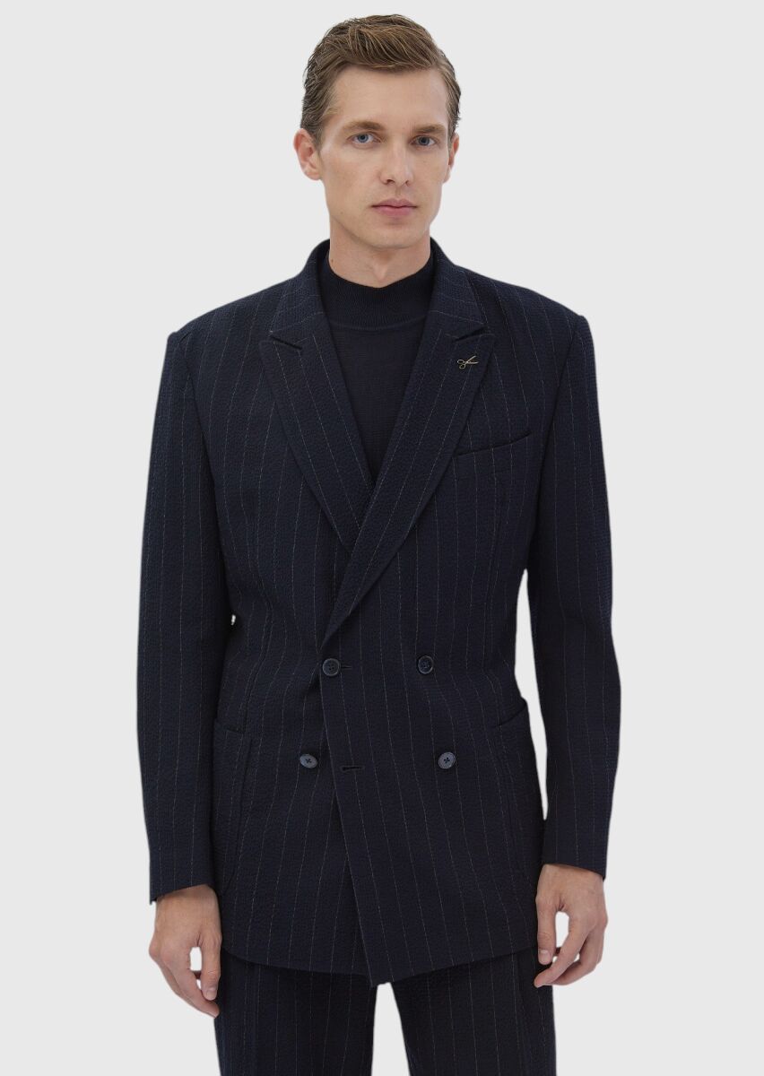 Navy Blue Striped Cotton Blended Suit - 1