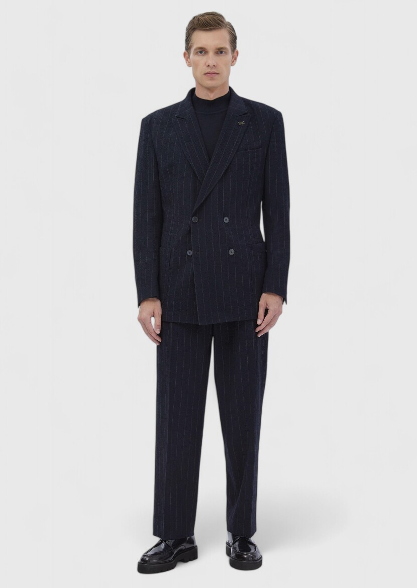 Navy Blue Striped Cotton Blended Suit - 3