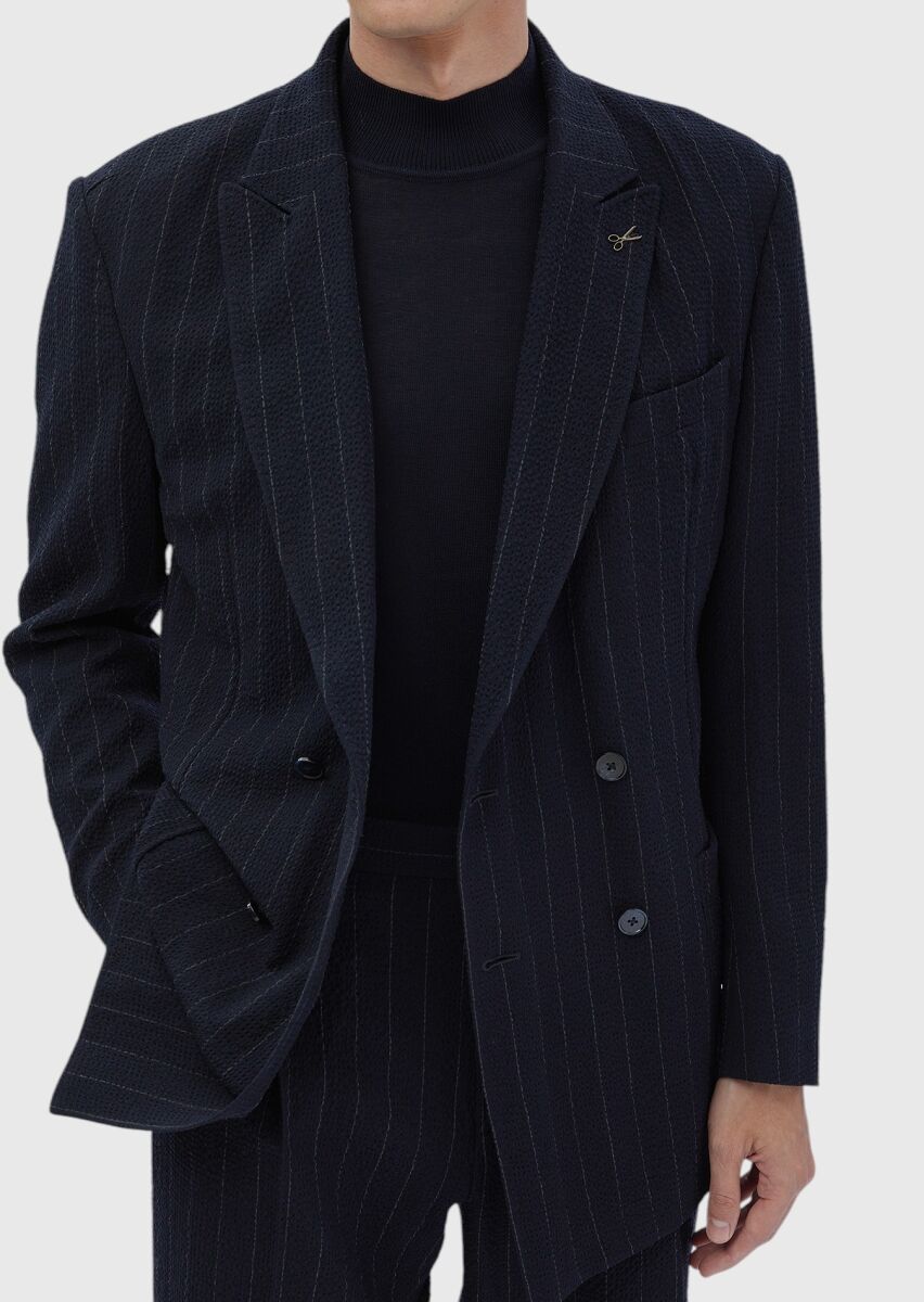 Navy Blue Striped Cotton Blended Suit - 5