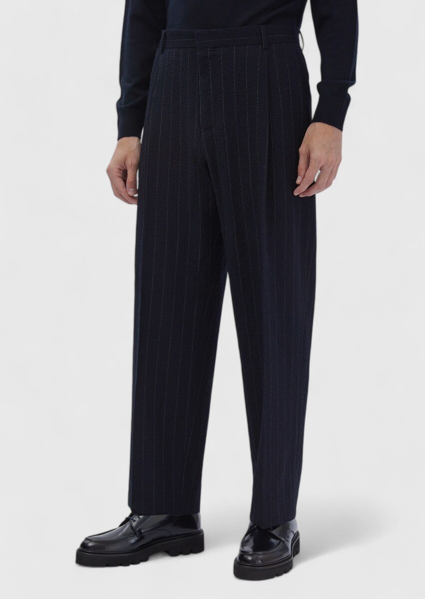 Navy Blue Striped Cotton Blended Suit - 7