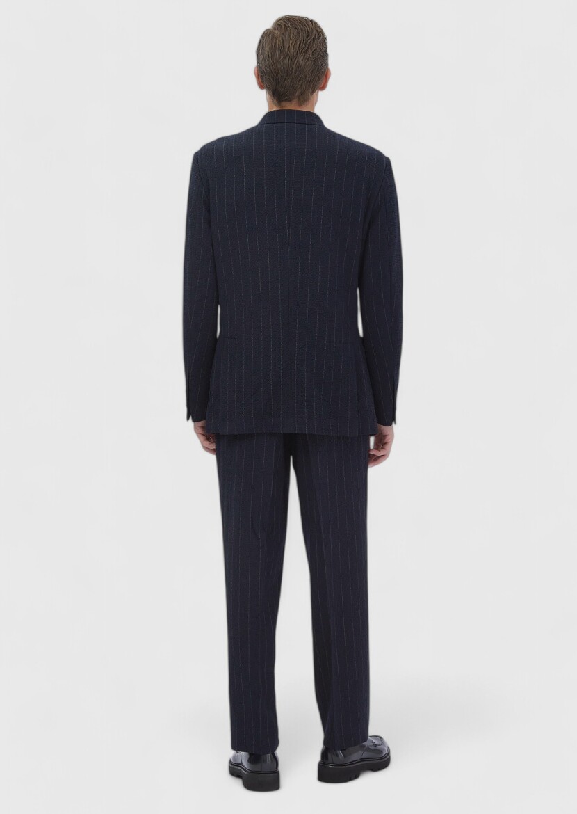 Navy Blue Striped Cotton Blended Suit - 9