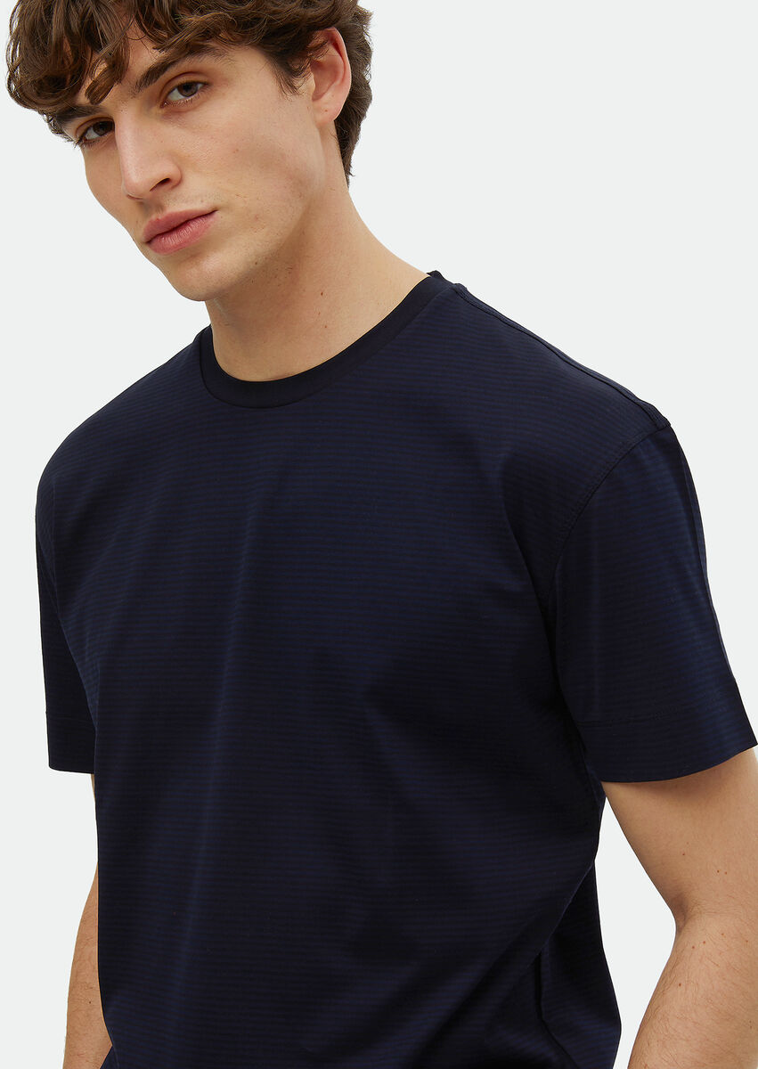 Navy Blue Striped Crew Neck 100% Cotton T-Shirt - 3