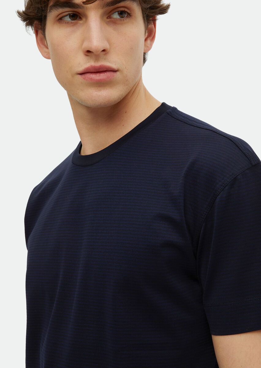 Navy Blue Striped Crew Neck 100% Cotton T-Shirt - 4