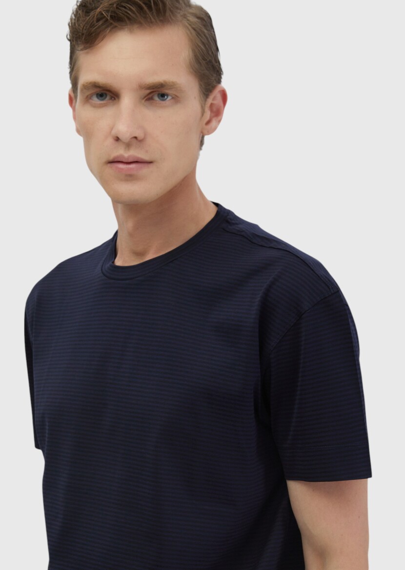 Navy Blue Striped Crew Neck 100% Cotton T-Shirt - 4