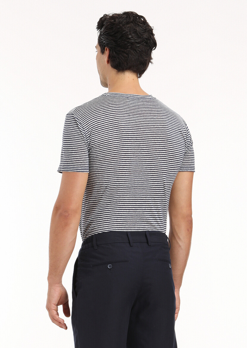 Navy Blue Striped Crew Neck 100% Linen T-Shirt - 6