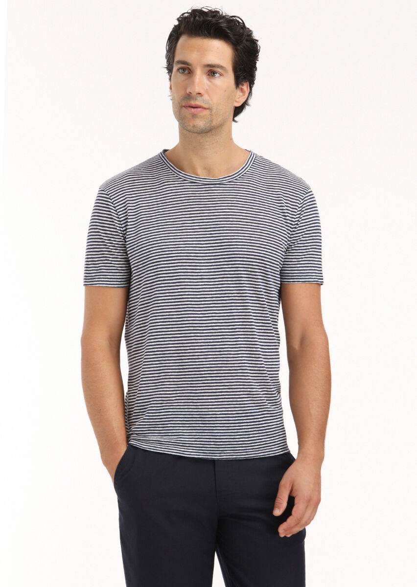 Navy Blue Striped Crew Neck 100% Linen T-Shirt - 2