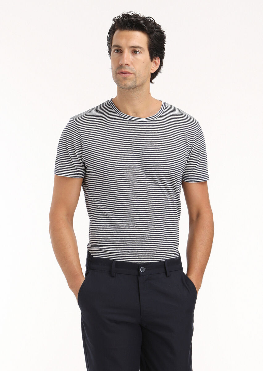 Navy Blue Striped Crew Neck 100% Linen T-Shirt - 3