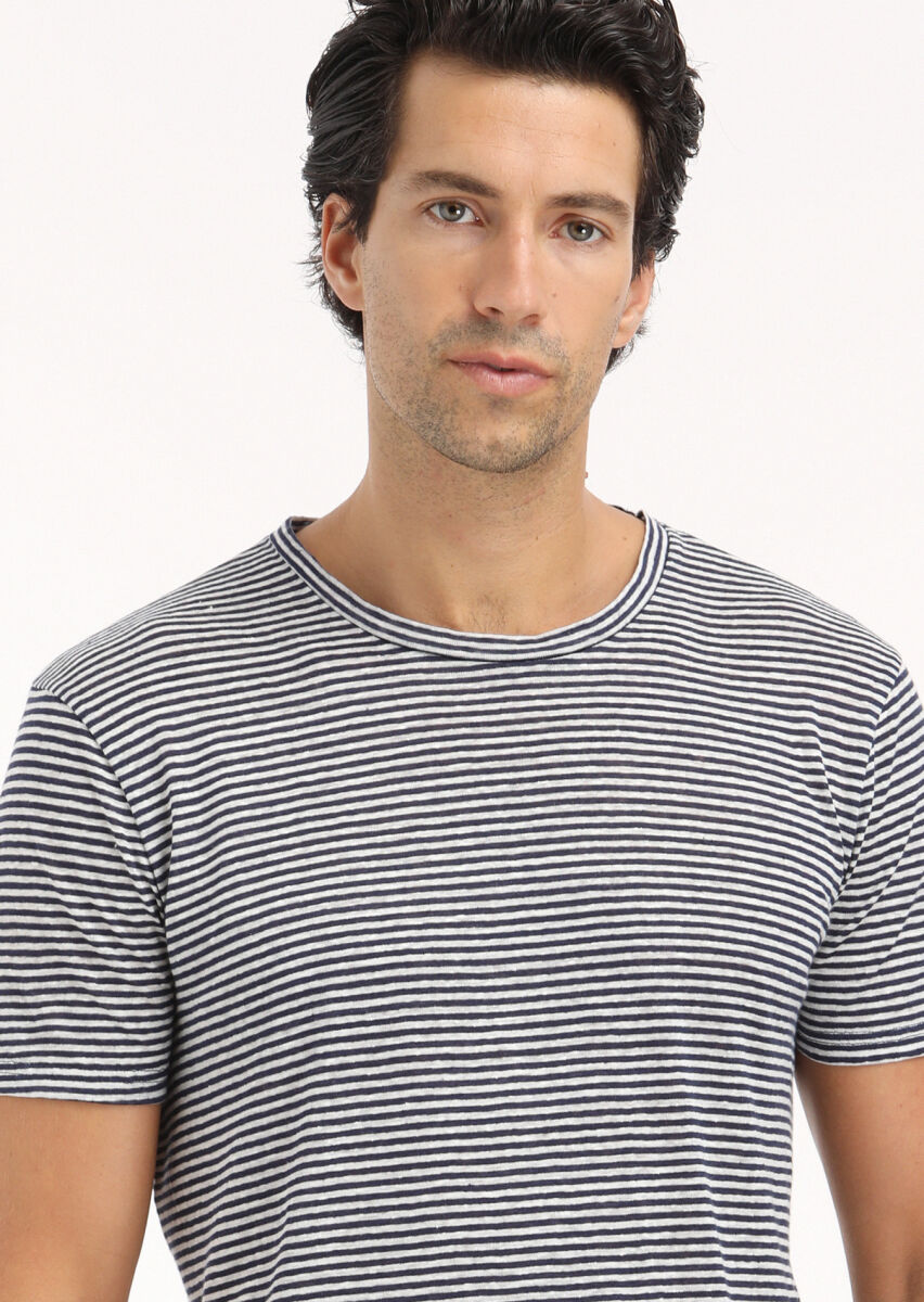 Navy Blue Striped Crew Neck 100% Linen T-Shirt - 5