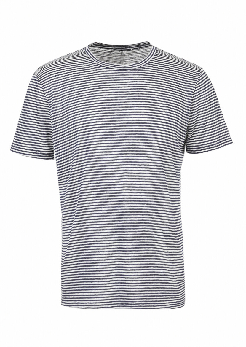 Navy Blue Striped Crew Neck 100% Linen T-Shirt - 7