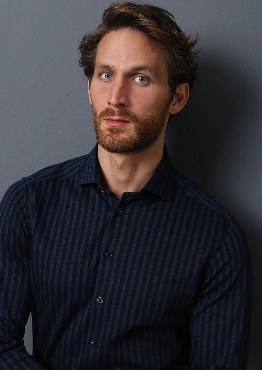Navy Blue Striped Fitted Fit Knitting Casual 100% Cotton Shirt - 2