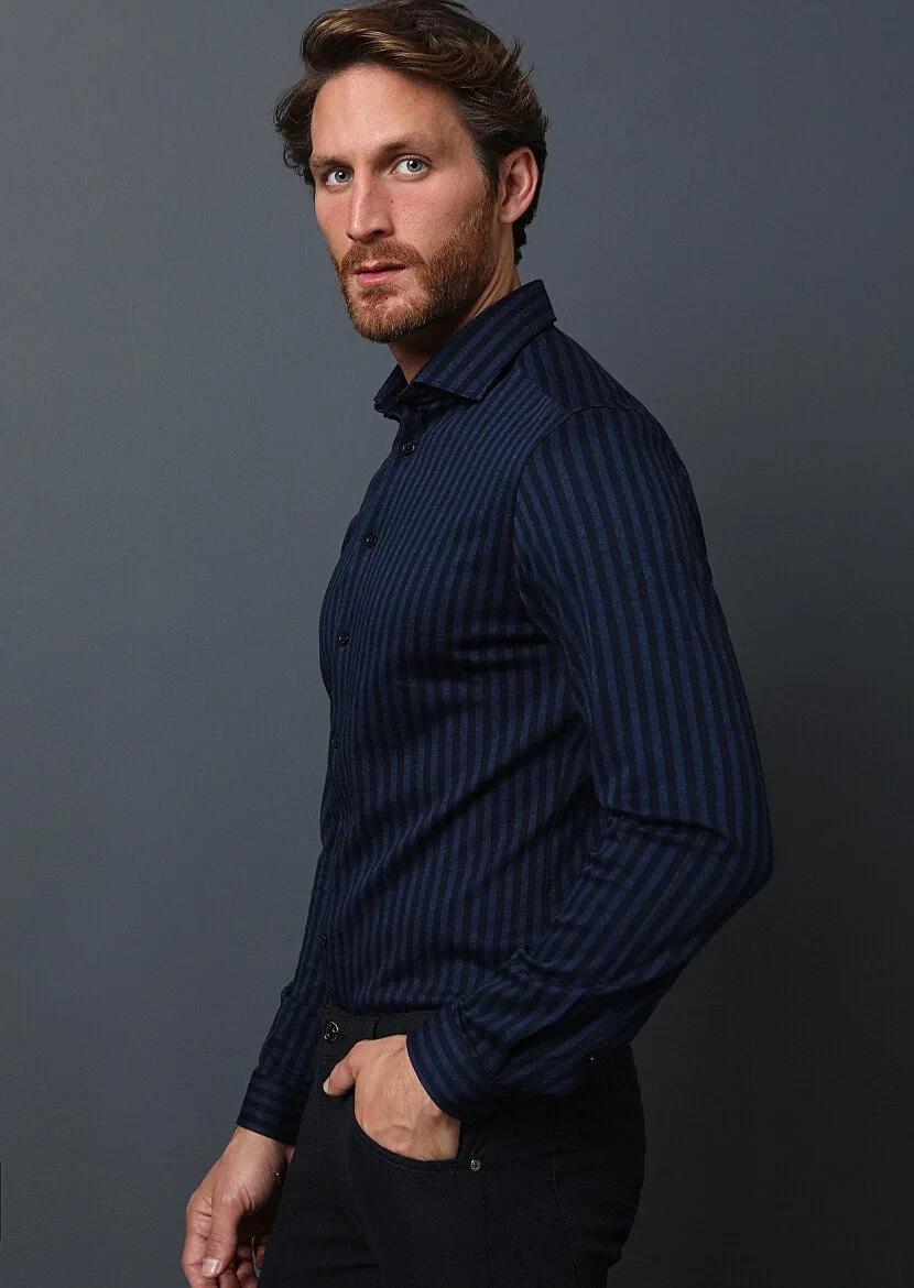 Navy Blue Striped Fitted Fit Knitting Casual 100% Cotton Shirt - 3