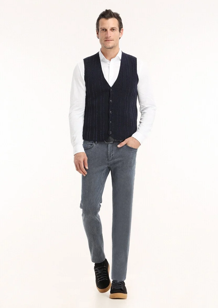 Navy Blue Striped Knit Vest - 1