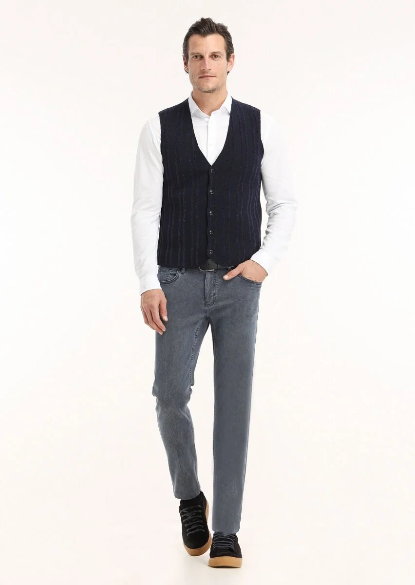 Navy Blue Striped Knit Vest - 1