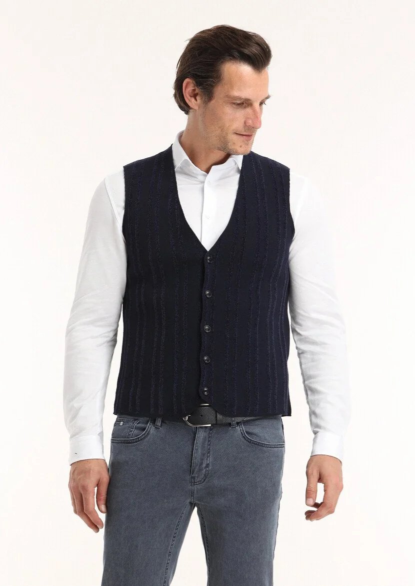 Navy Blue Striped Knit Vest 