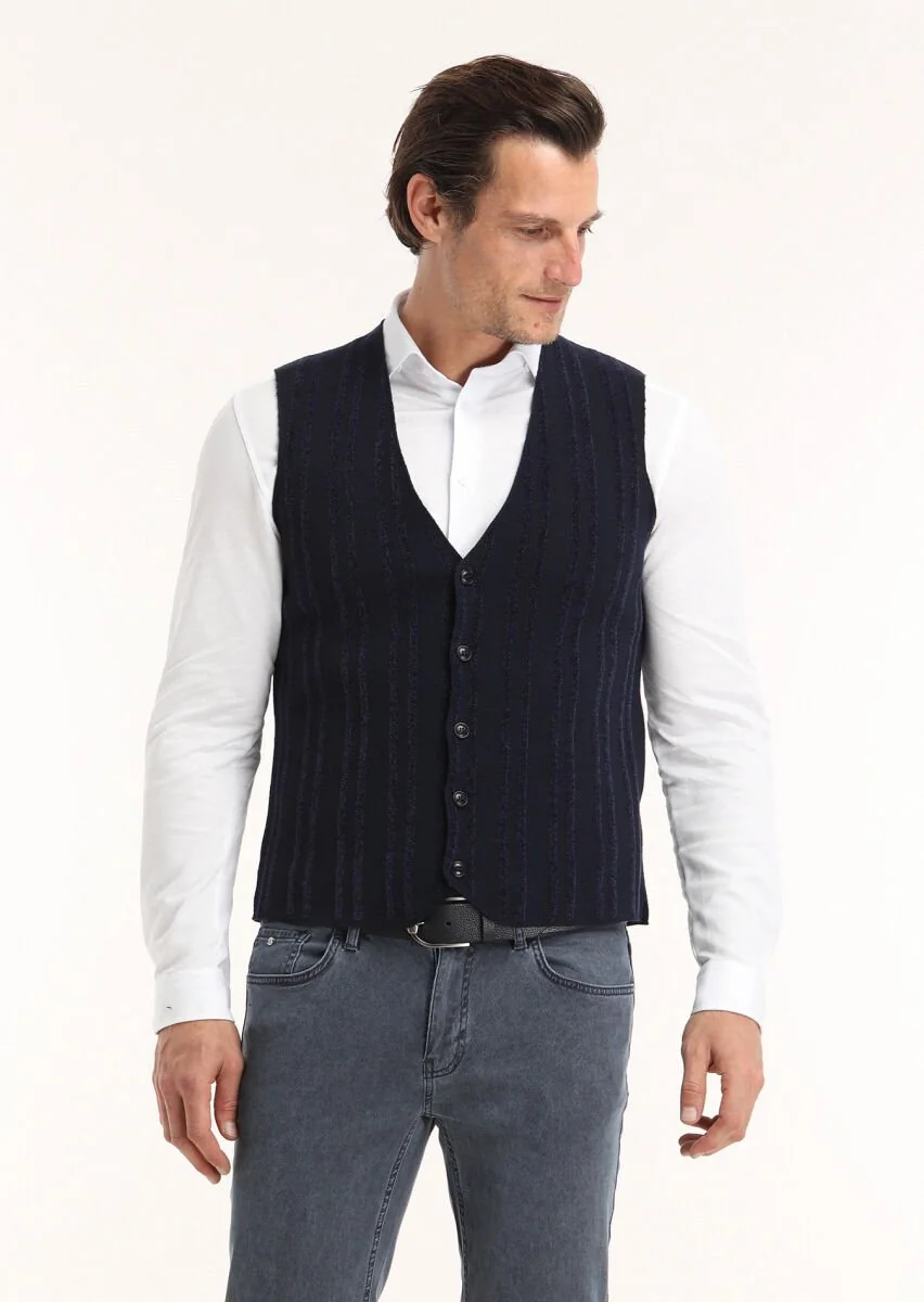 Navy Blue Striped Knit Vest - 2