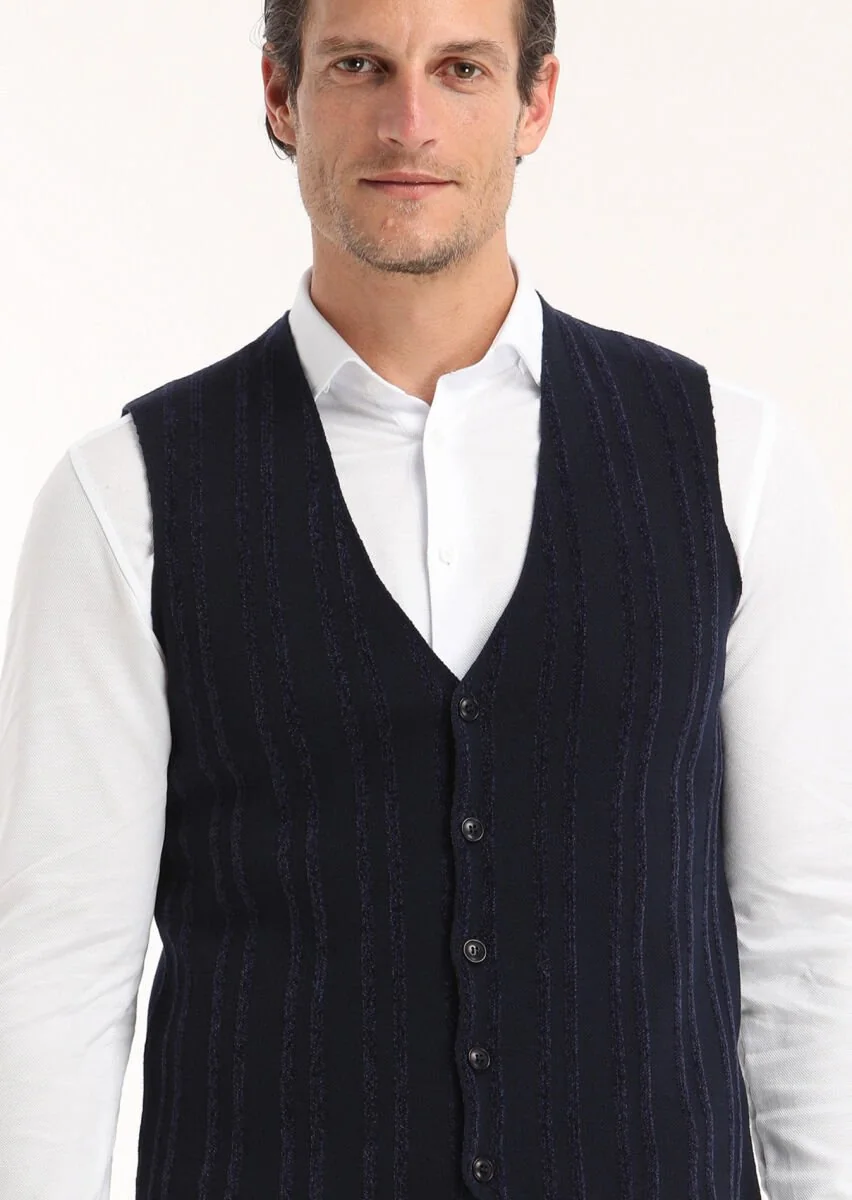 Navy Blue Striped Knit Vest - 3
