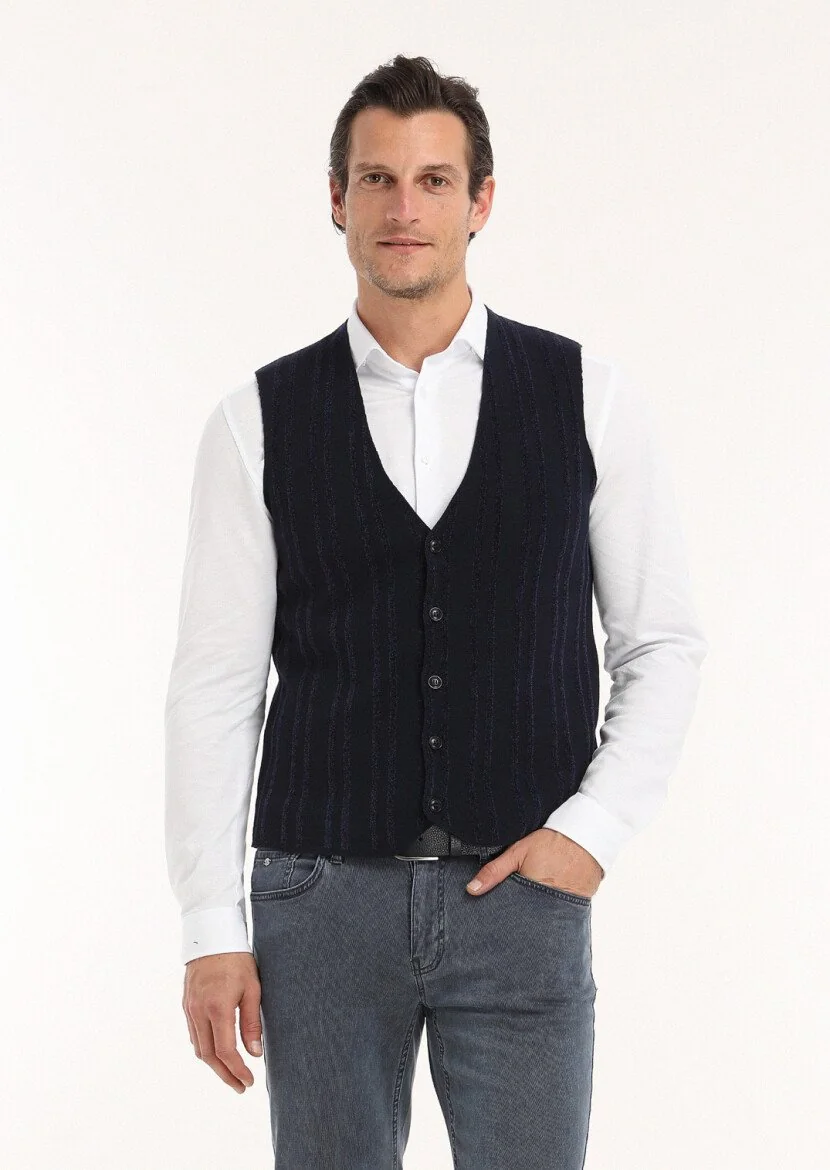 Navy Blue Striped Knit Vest - 4