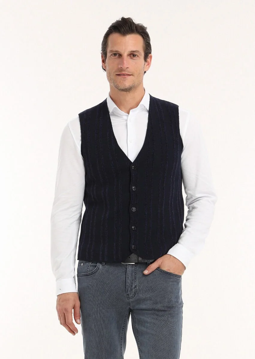 Navy Blue Striped Knit Vest - 4