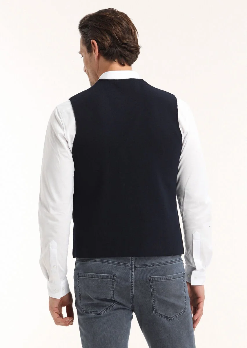 Navy Blue Striped Knit Vest - 5