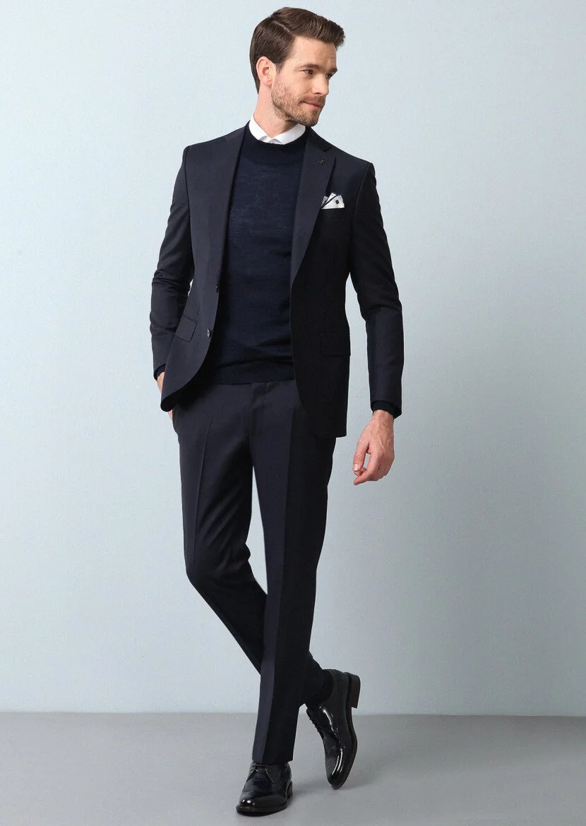 Navy Blue Striped Modern Fit 100% Wool Suit - 1