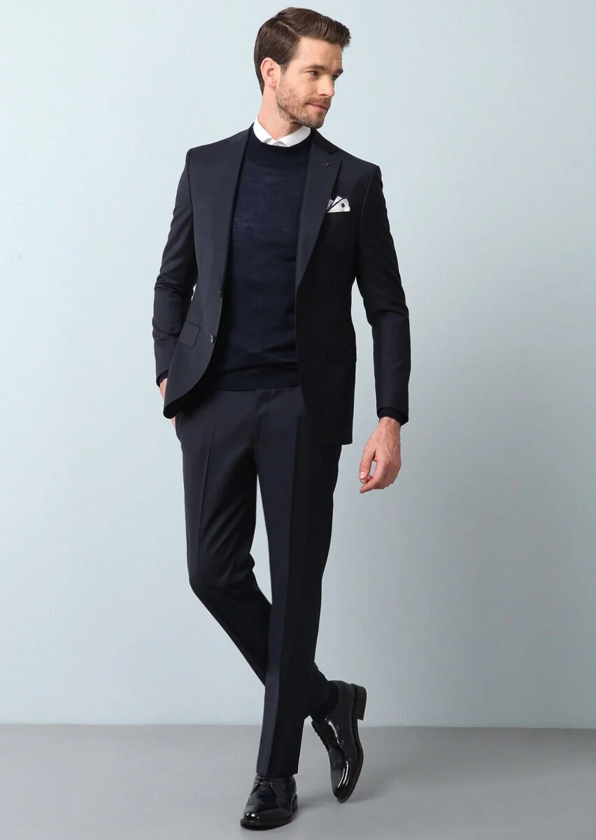 Navy Blue Striped Modern Fit 100% Wool Suit - 1