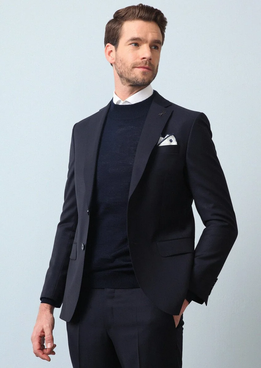 Navy Blue Striped Modern Fit 100% Wool Suit - 2