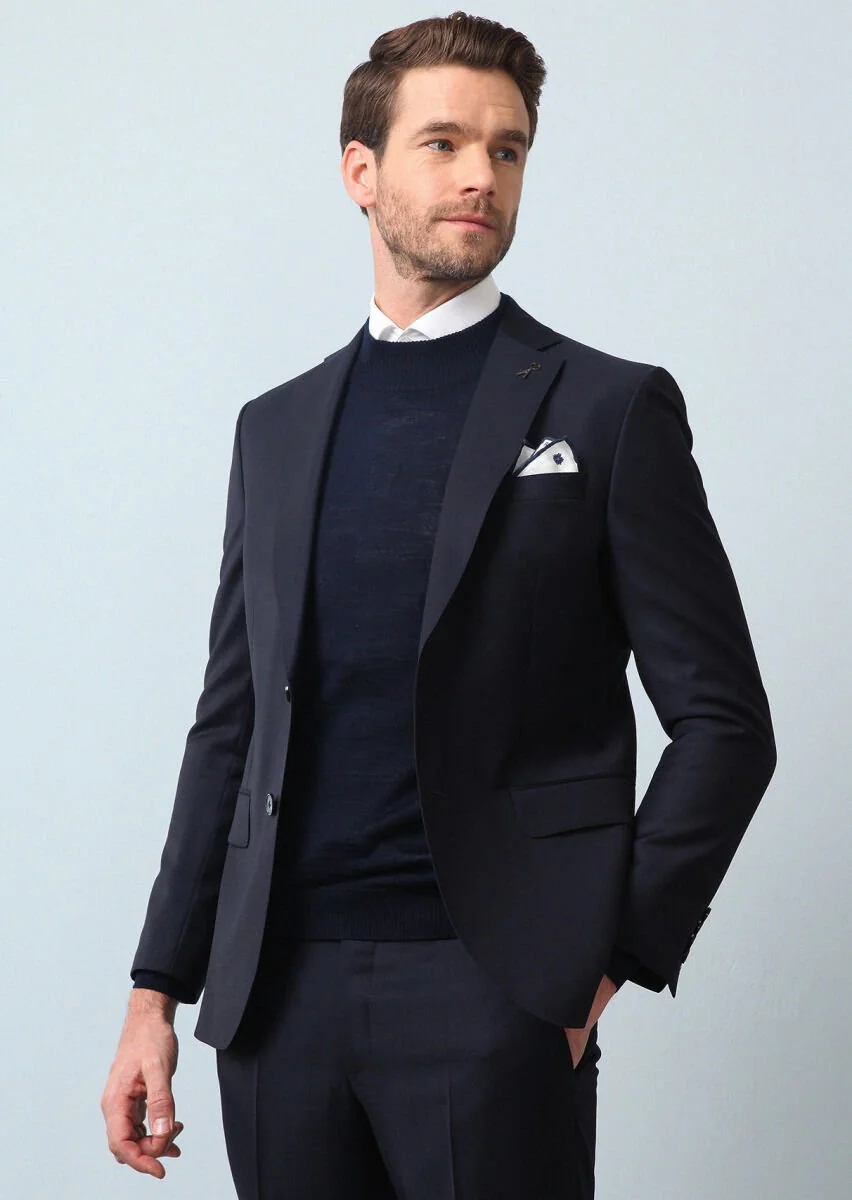 Navy Blue Striped Modern Fit 100% Wool Suit - 2