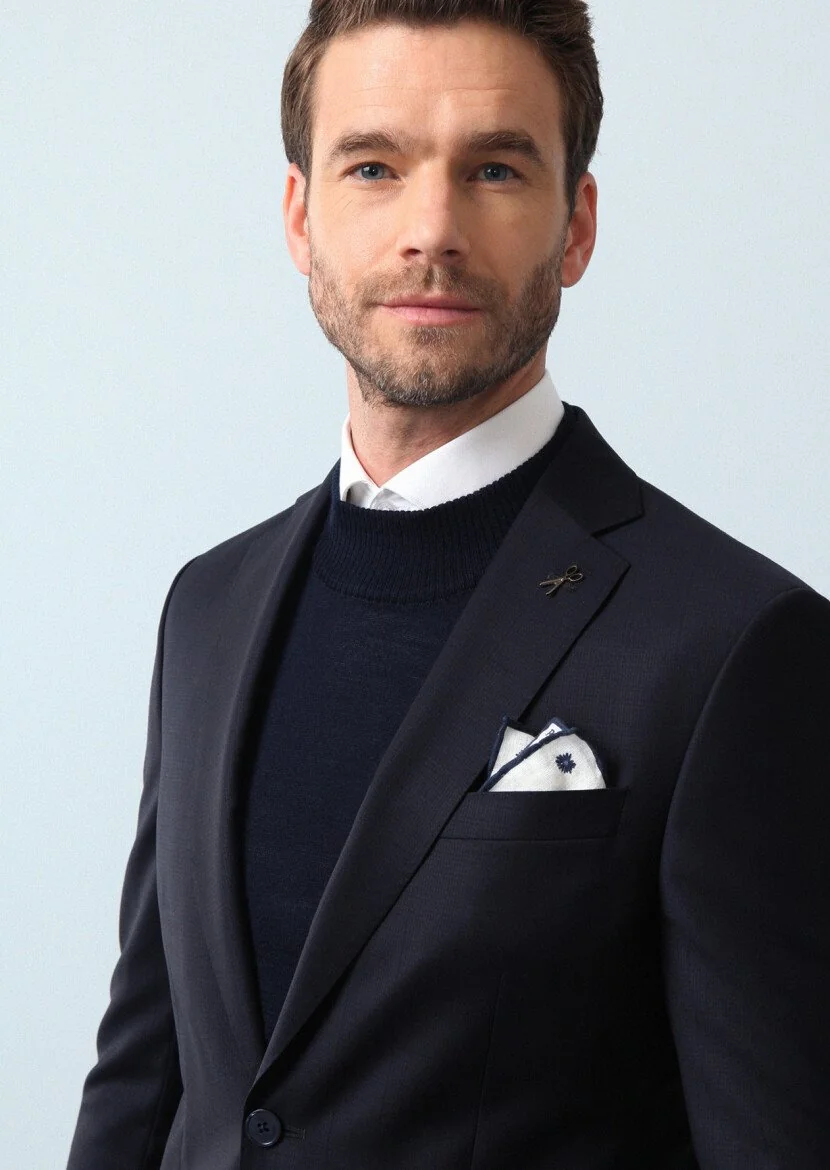 Navy Blue Striped Modern Fit 100% Wool Suit - 3