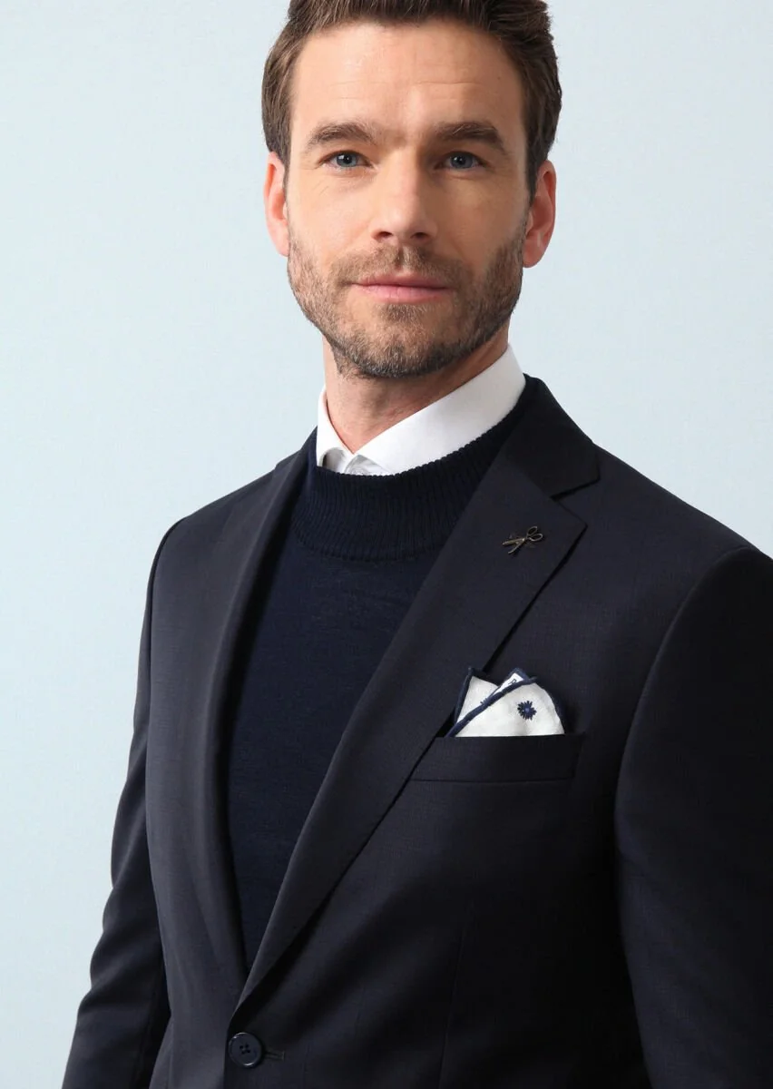 Navy Blue Striped Modern Fit 100% Wool Suit - 3