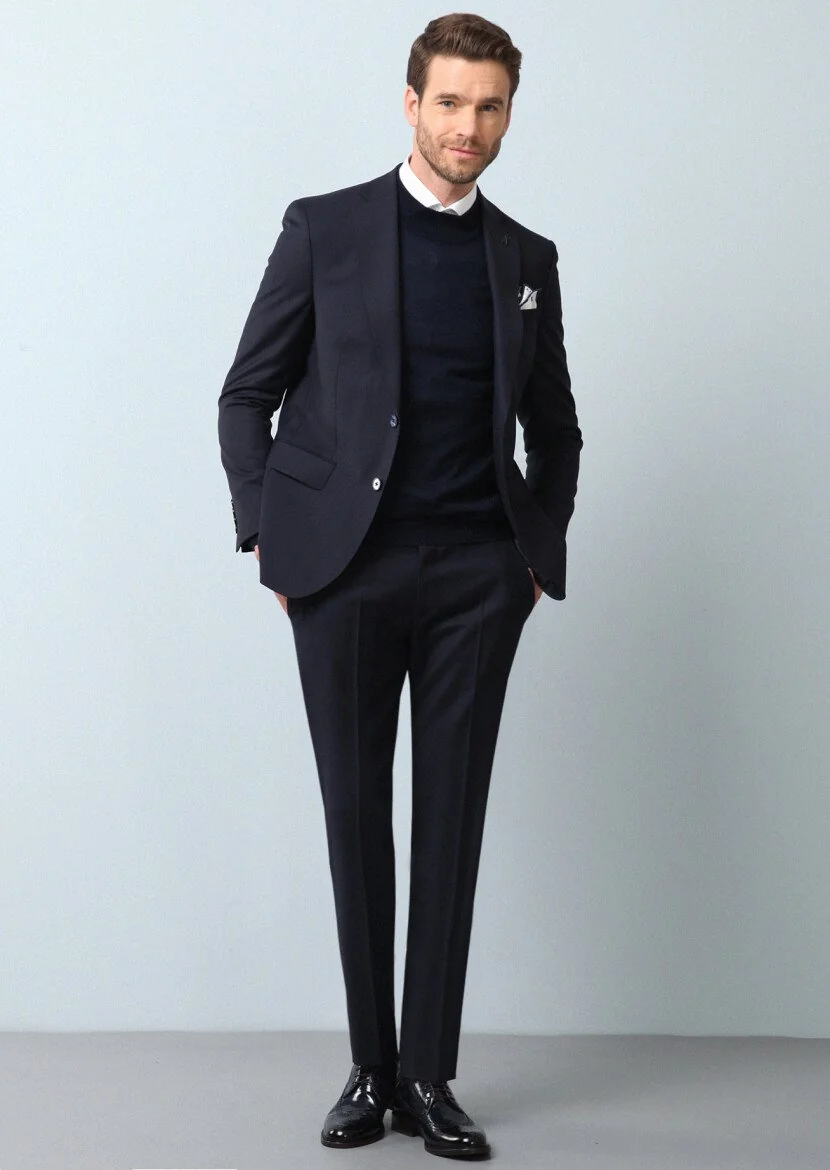 Navy Blue Striped Modern Fit 100% Wool Suit - 4