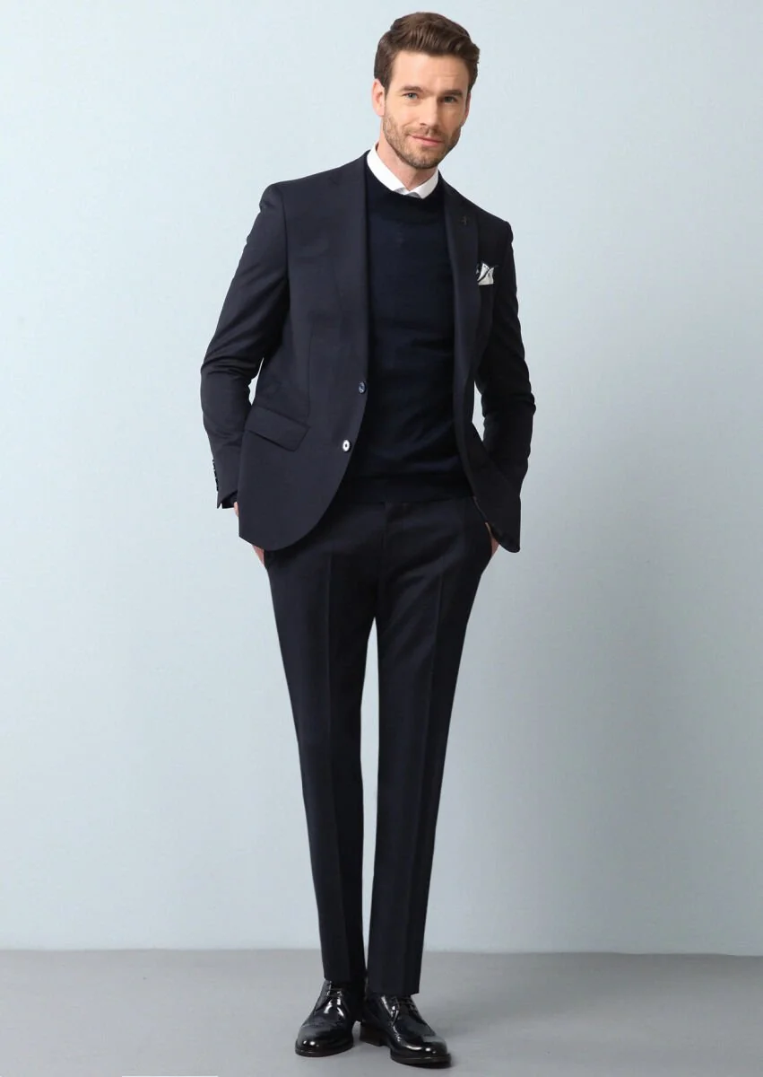 Navy Blue Striped Modern Fit 100% Wool Suit - 4