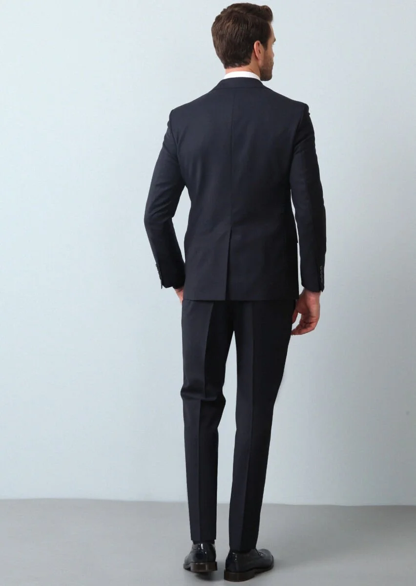 Navy Blue Striped Modern Fit 100% Wool Suit - 5