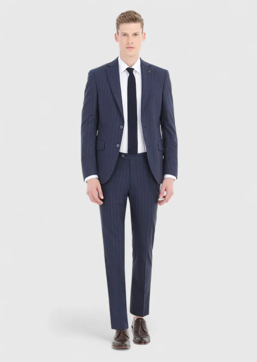 Navy Blue Striped Modern Fit 100% Wool Suit - 1