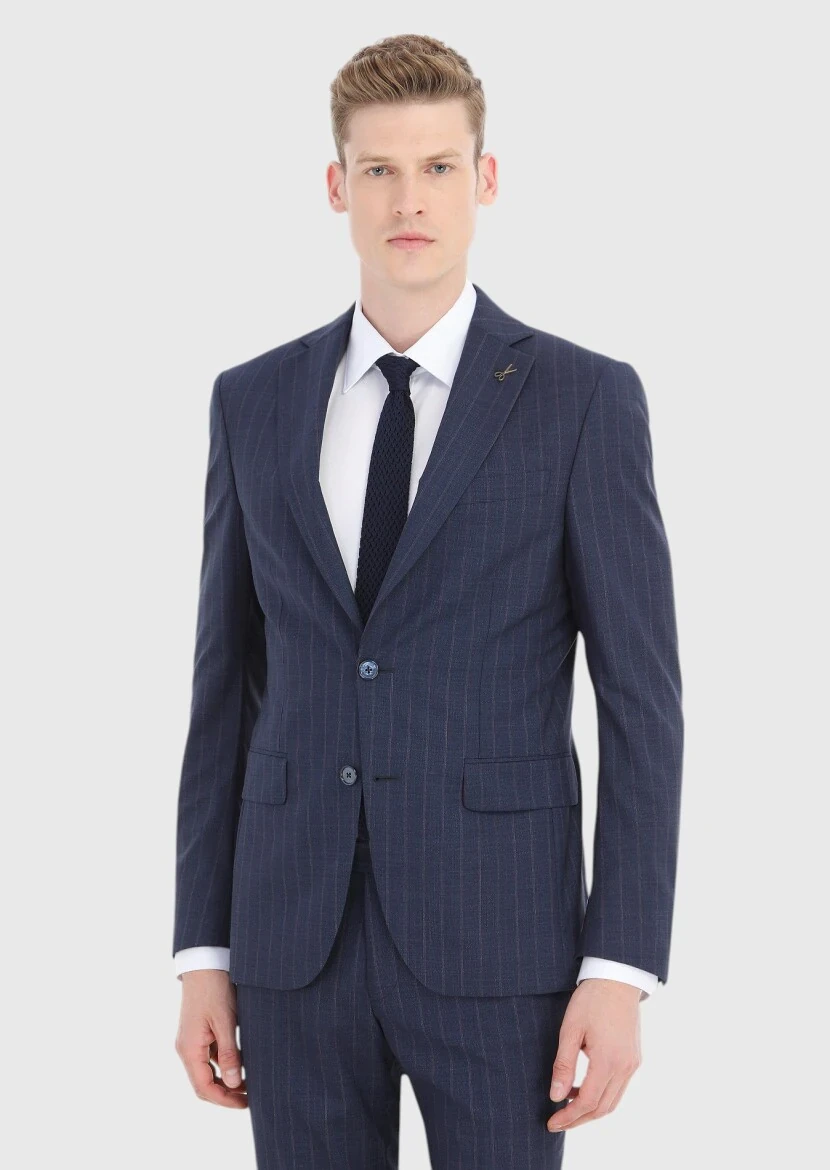 Navy Blue Striped Modern Fit 100% Wool Suit - 2