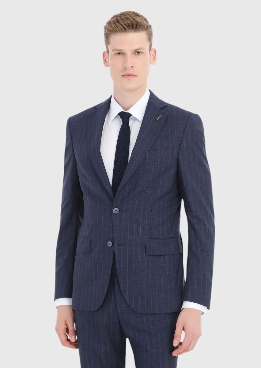 Navy Blue Striped Modern Fit 100% Wool Suit - 2
