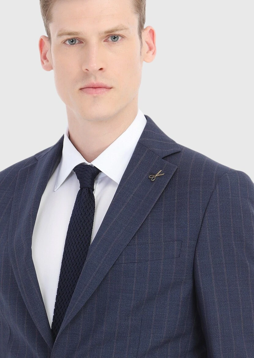 Navy Blue Striped Modern Fit 100% Wool Suit - 3
