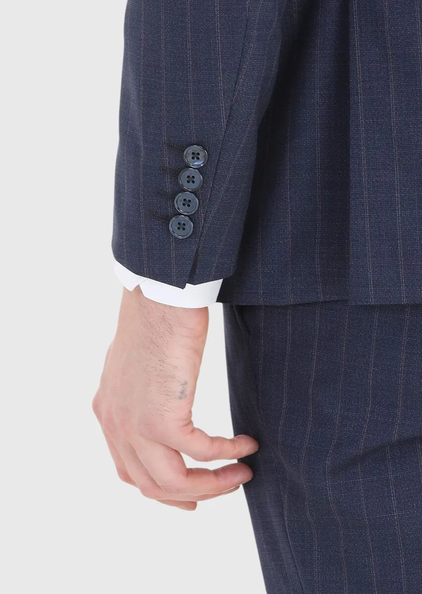 Navy Blue Striped Modern Fit 100% Wool Suit - 4