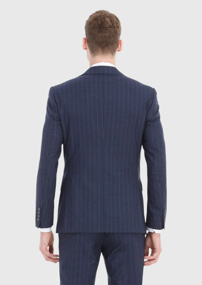 Navy Blue Striped Modern Fit 100% Wool Suit - 5