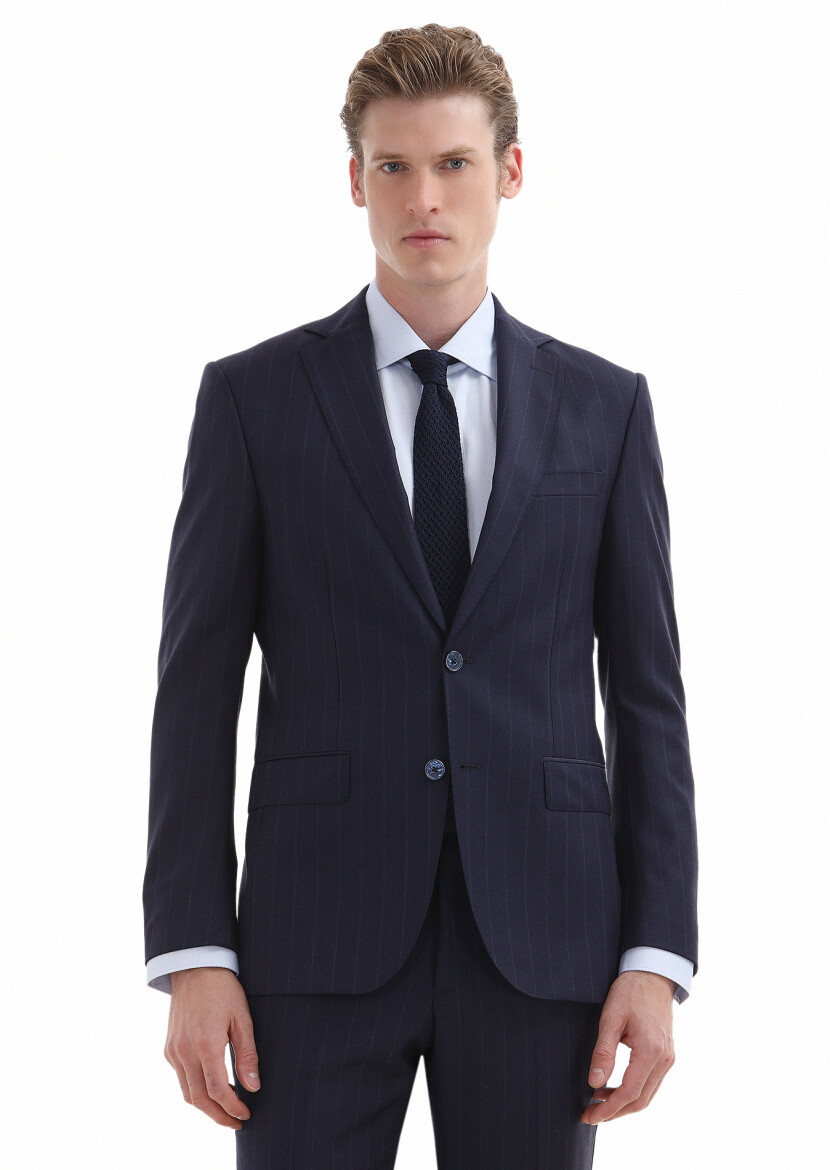 Navy Blue Striped Modern Fit 100% Wool Suit - 2