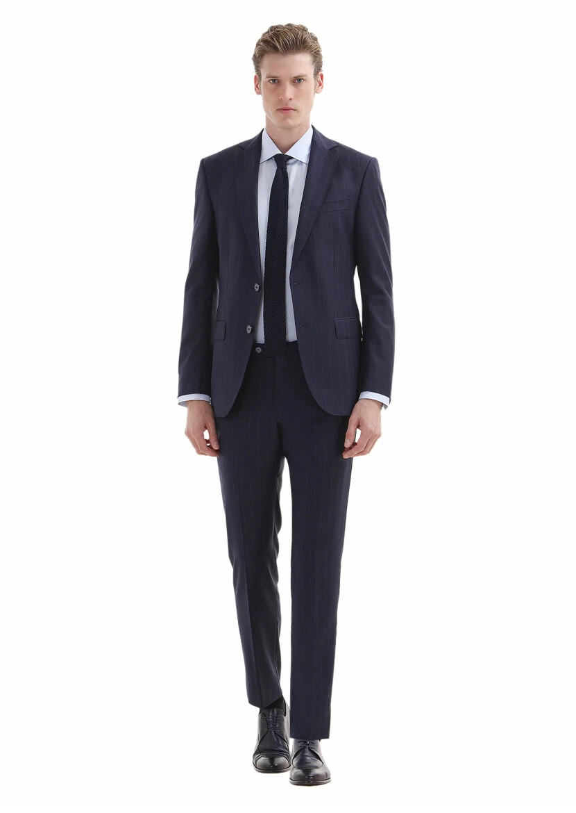 Navy Blue Striped Modern Fit 100% Wool Suit - 1